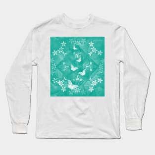 butterflies and flowers on a textured teal mandala Long Sleeve T-Shirt